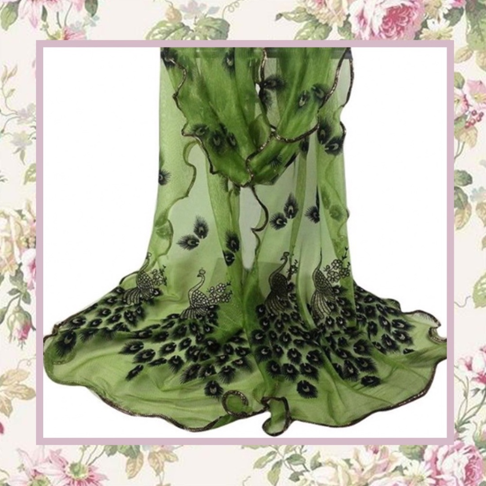 🌺 ARMY GREEN PEACOCK SCARF SHAWL WRAP BOHO FOREST EMBROIDERED SHEER VINTAGE